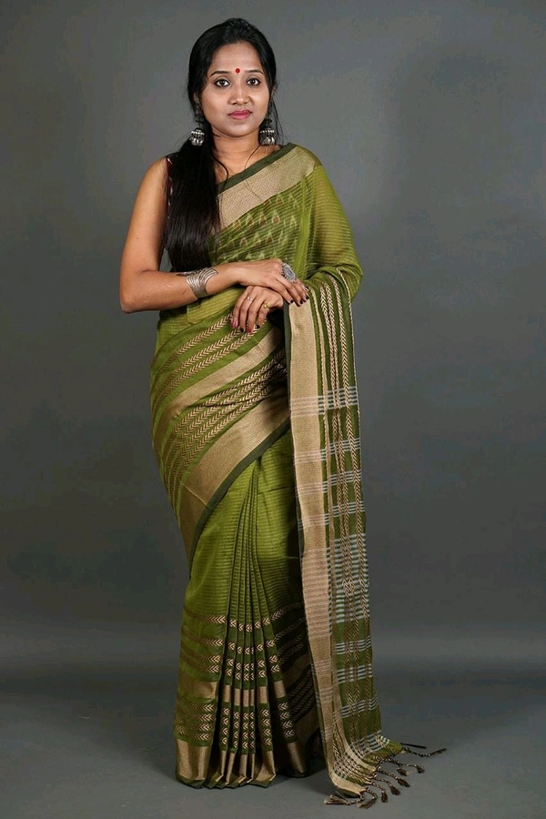 Zori Woven Slab Cotton Saree  - Olive