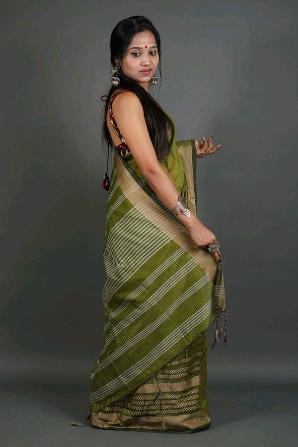 Zori Woven Slab Cotton Saree  - Olive