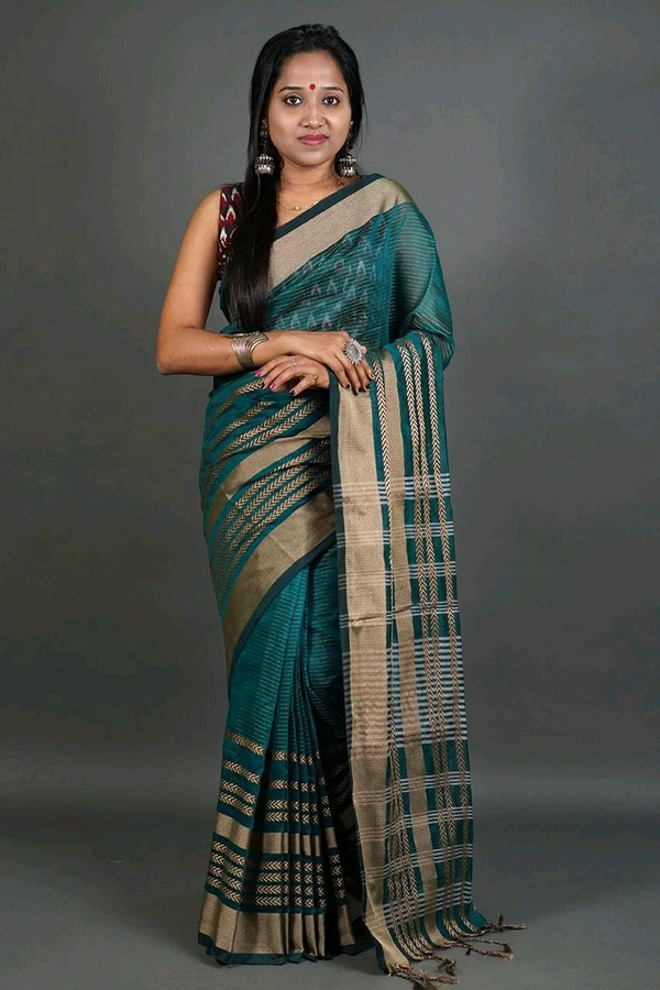 Zori Woven Slab Cotton Saree  - Blue Stone