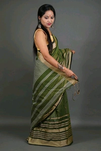 Zori Woven Slab Cotton Saree  - Green Leaf