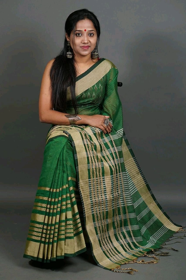 Zori Woven Slab Cotton Saree  - Green