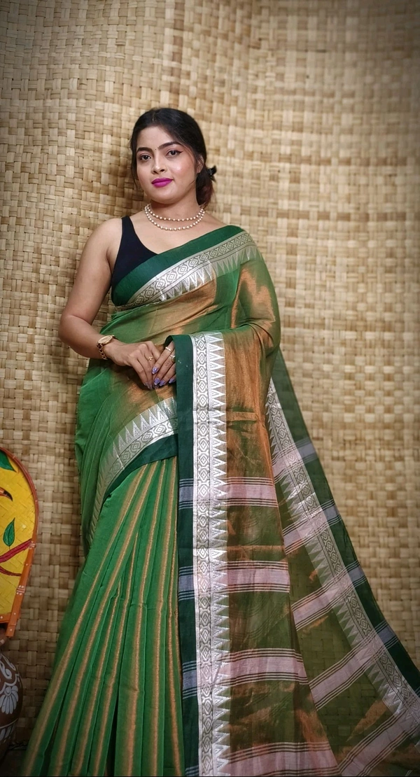 Contrast Woven Border Tissue Cotton Saree - Green