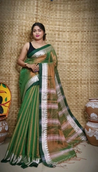 Contrast Woven Border Tissue Cotton Saree - Green