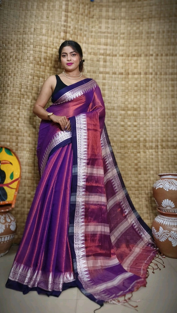 Contrast Woven Border Tissue Cotton Saree - Electric Violet