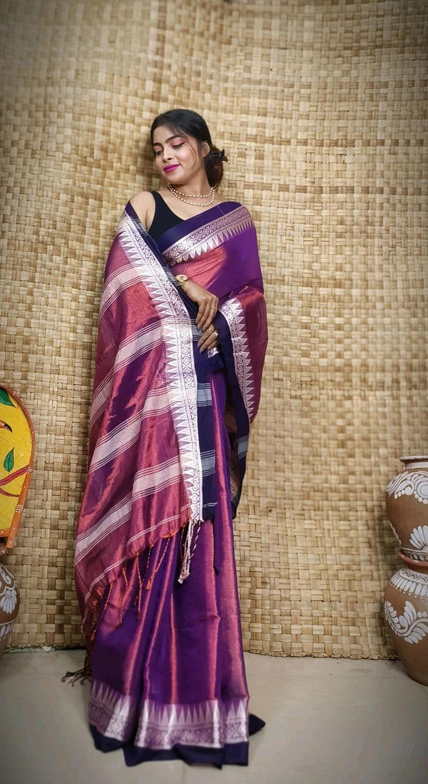 Contrast Woven Border Tissue Cotton Saree - Electric Violet