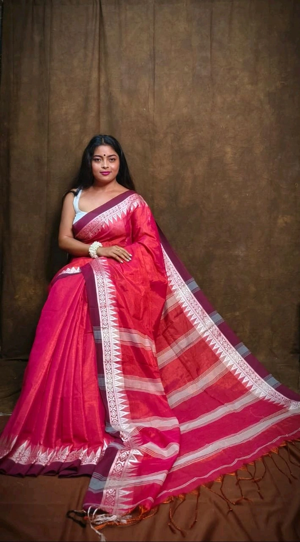 Contrast Woven Border Tissue Cotton Saree - Pink