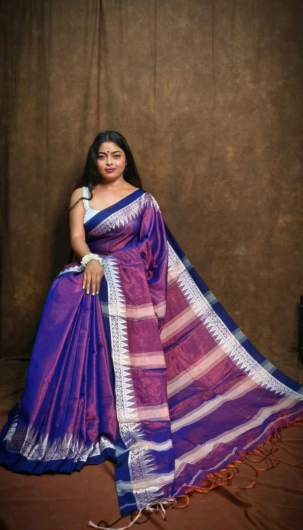 Contrast Woven Border Tissue Cotton Saree - Blue