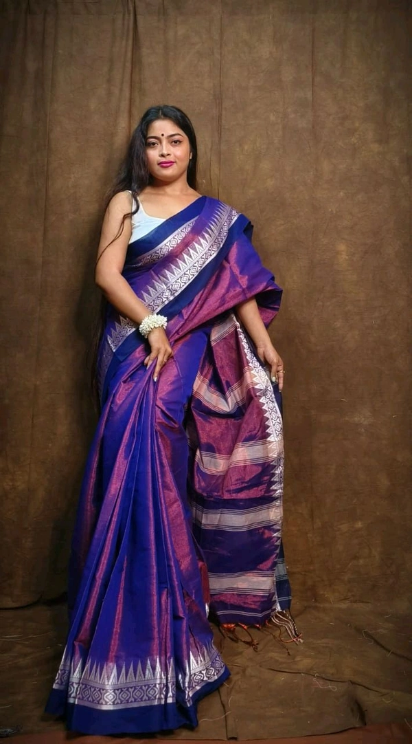 Contrast Woven Border Tissue Cotton Saree - Blue
