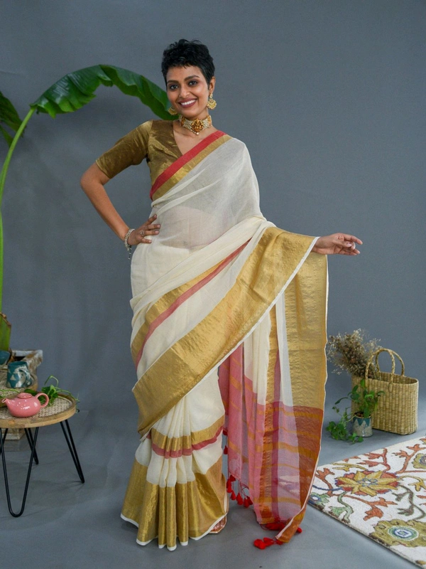 Golden Zari Border Cotton Saree - White