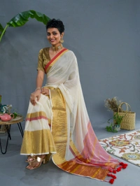 Golden Zari Border Cotton Saree - White