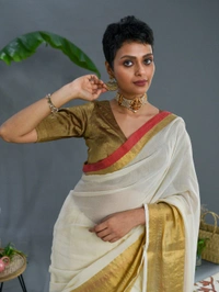Golden Zari Border Cotton Saree - White