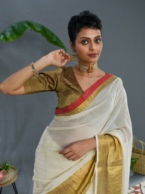 Golden Zari Border Cotton Saree - White