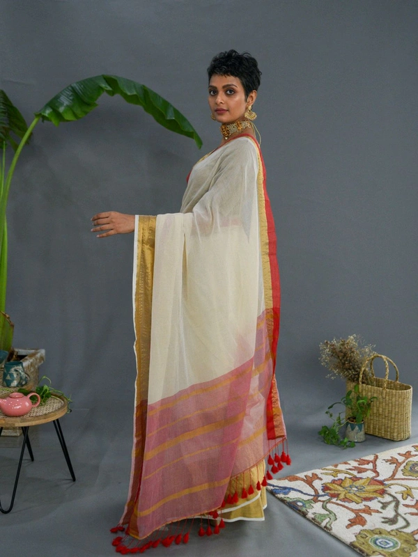 Golden Zari Border Cotton Saree - White