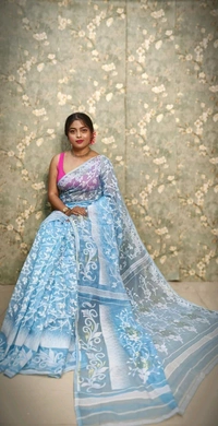 Traditional Soft Ikkat Lata Jamdani - Aqua