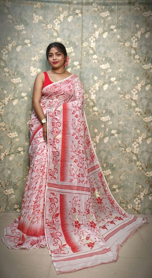 Traditional Soft Ikkat Lata Jamdani - White & Red