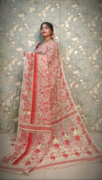 Traditional Soft Ikkat Lata Jamdani - Cream & Red