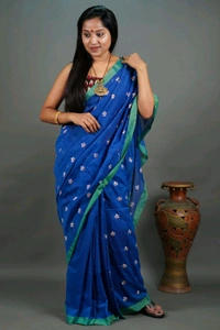 Handloom Floral Embroidered Cotton Saree - Cornflower Blue