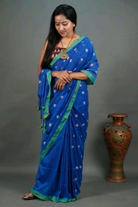 Handloom Floral Embroidered Cotton Saree - Cornflower Blue