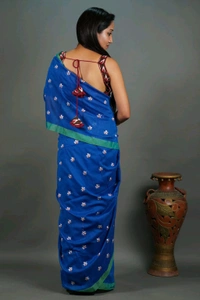 Handloom Floral Embroidered Cotton Saree - Cornflower Blue
