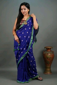 Handloom Floral Embroidered Cotton Saree - Blue