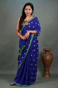 Handloom Floral Embroidered Cotton Saree - Blue