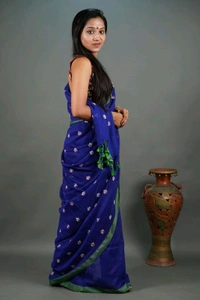 Handloom Floral Embroidered Cotton Saree - Blue
