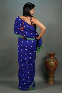 Handloom Floral Embroidered Cotton Saree - Blue