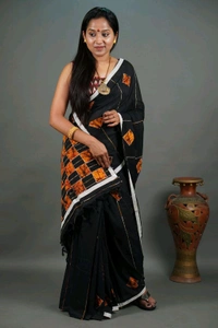 Handloom Cotton Boul Aplic Saree - Black
