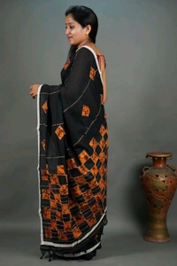 Handloom Cotton Boul Aplic Saree - Black