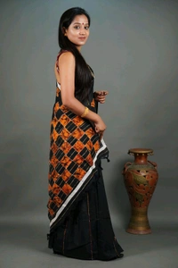 Handloom Cotton Boul Aplic Saree - Black