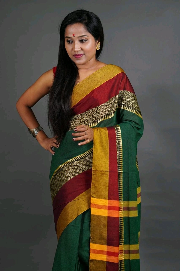 Handloom Khadi Cotton Woven Saree  - Dark Green