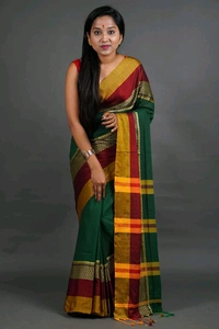 Handloom Khadi Cotton Woven Saree  - Dark Green