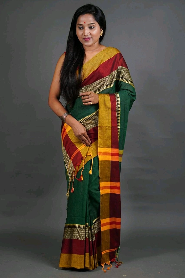 Handloom Khadi Cotton Woven Saree  - Dark Green