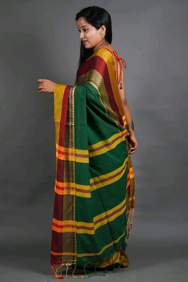 Handloom Khadi Cotton Woven Saree  - Dark Green