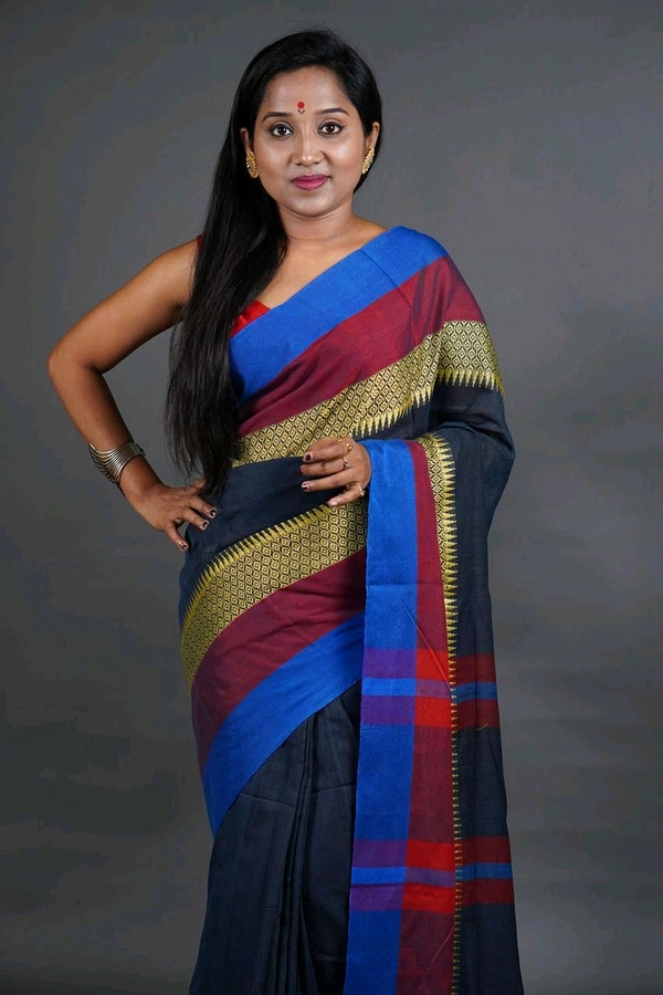 Handloom Khadi Cotton Woven Saree  - Navy Blue