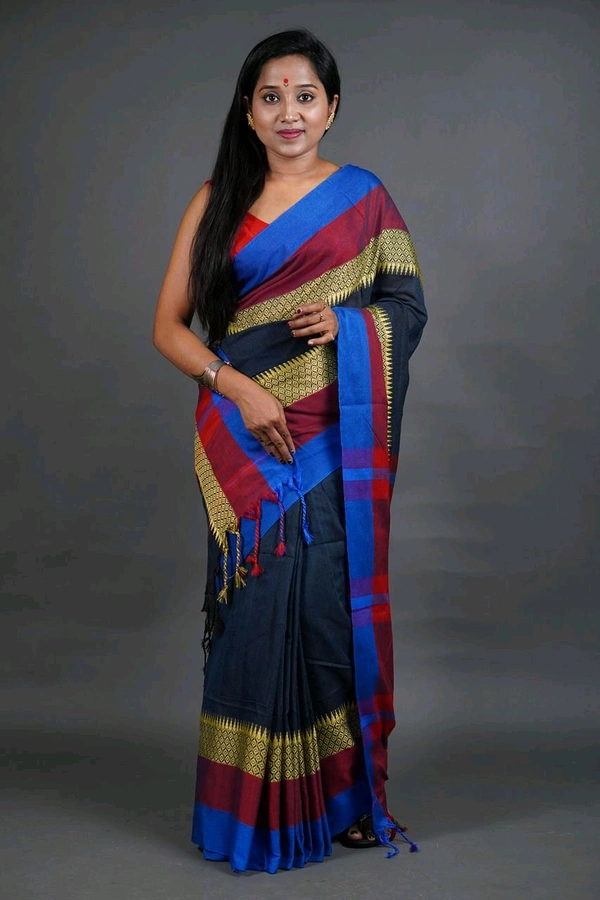 Handloom Khadi Cotton Woven Saree  - Navy Blue