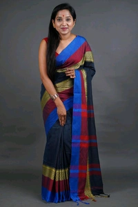 Handloom Khadi Cotton Woven Saree  - Navy Blue