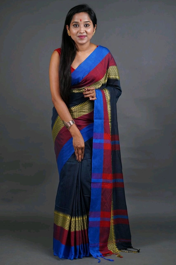 Handloom Khadi Cotton Woven Saree  - Navy Blue