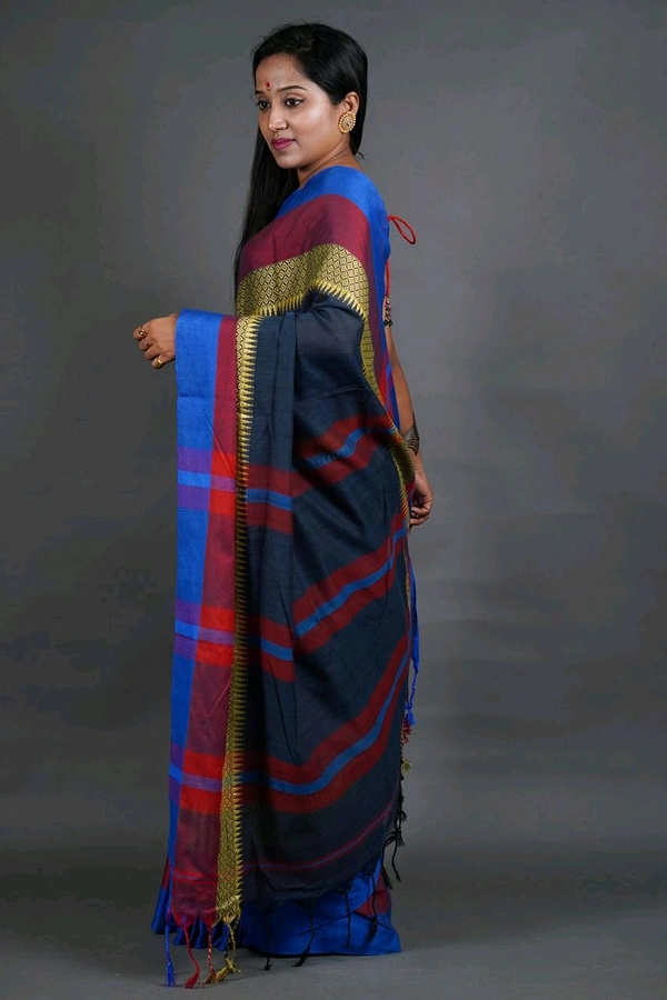 Handloom Khadi Cotton Woven Saree  - Navy Blue