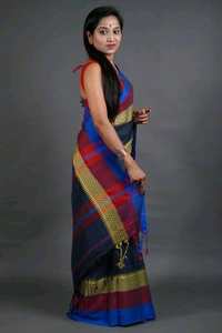 Handloom Khadi Cotton Woven Saree  - Navy Blue