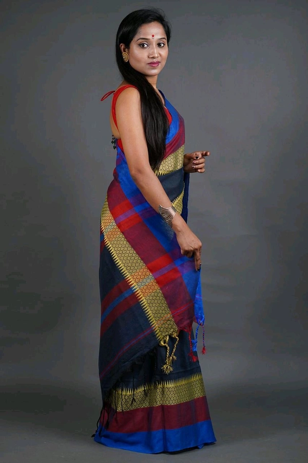 Handloom Khadi Cotton Woven Saree  - Navy Blue