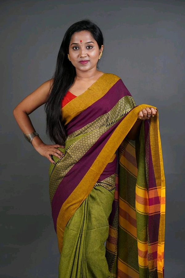 Handloom Khadi Cotton Woven Saree  - Olive