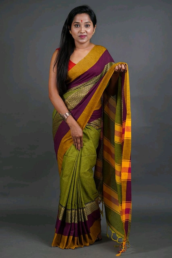 Handloom Khadi Cotton Woven Saree  - Olive