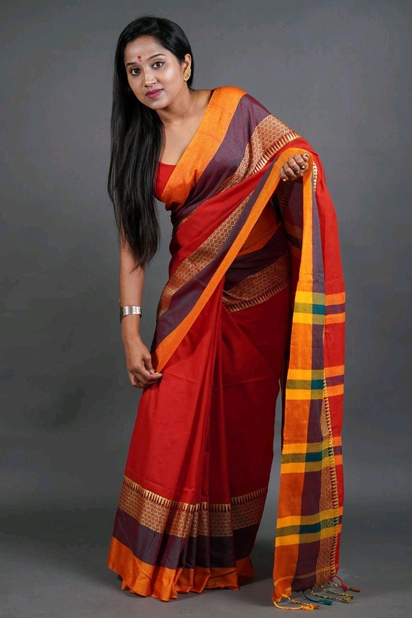 Handloom Khadi Cotton Woven Saree  - Red
