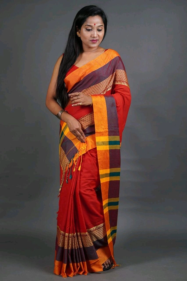 Handloom Khadi Cotton Woven Saree  - Red