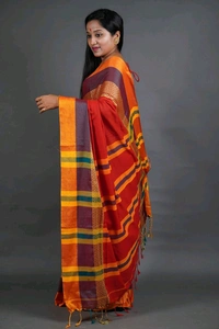 Handloom Khadi Cotton Woven Saree  - Red