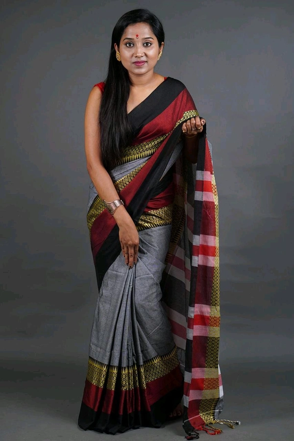Handloom Khadi Cotton Woven Saree  - Gray