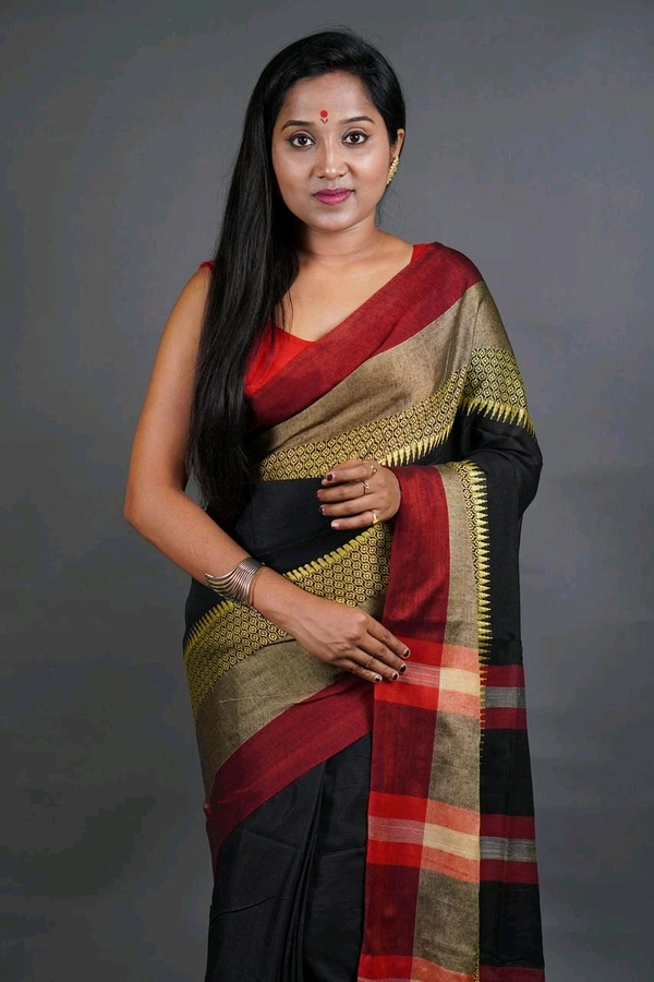 Handloom Khadi Cotton Woven Saree  - Black