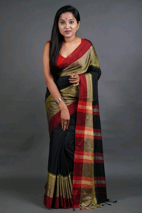 Handloom Khadi Cotton Woven Saree  - Black