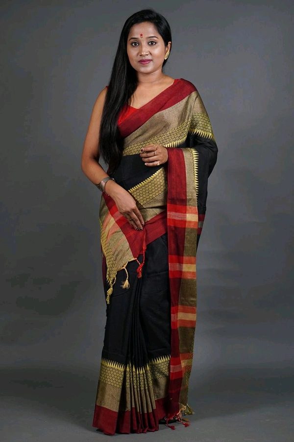 Handloom Khadi Cotton Woven Saree  - Black